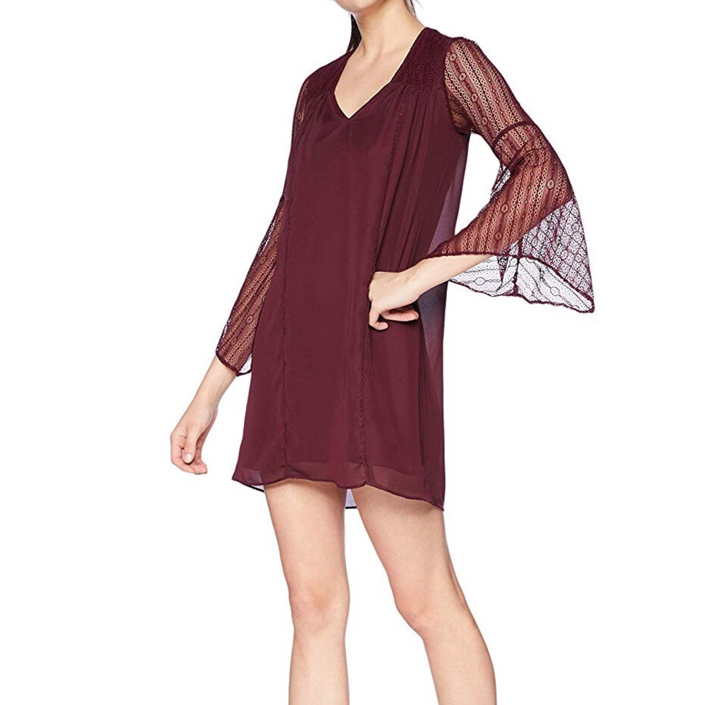 Avec Les Filles Mini Dress Lace Flare Sleeve V Neck Burgundy Red Size 2